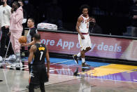 Cleveland Cavaliers' Collin Sexton (2) leaves the court after being ejected for a flagrant foul on Brooklyn Nets' Kevin Durant (7) during the second half of an NBA basketball game Sunday, May 16, 2021, in New York. (AP Photo/Frank Franklin II)