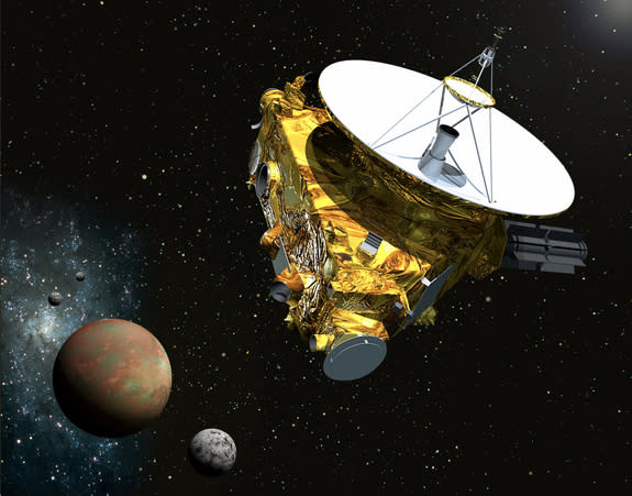 This artist's rendering shows NASA's New Horizons spacecraft during its flyby of Pluto and its moons on July 14, 2015. The spacecraft awoke from its final hibernation period on Dec. 6, 2014 in preparation for the epic Pluto encounter at the edg