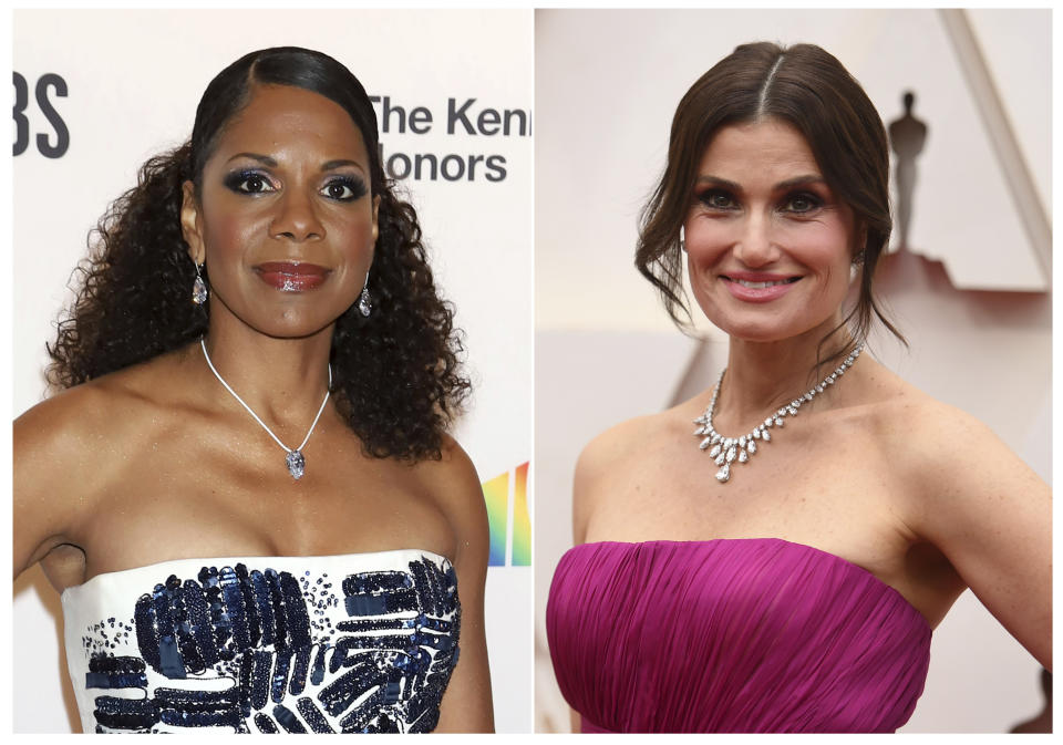 In this combination photo, Audra McDonald attends the 42nd Annual Kennedy Center Honors at The Kennedy Center in Washington on Dec. 8, 2019, left, and Idina Menzel arrives at the Oscars in Los Angeles on Feb. 9, 2020. Stage stars like McDonald, Menzel, Kristin Chenoweth, Norbert Leo Butz, Kelli O'Hara, Wayne Brady, Betty Buckley and Laura Benanti will appear singing and performing live from their homes in two daily mini-online charity shows starting Monday night. The shows are the brainchild of Seth Rudetsky and James Wesley, the host and producer of Sirius XM's "On Broadway," and will follow the traditional theater times of 2 p.m. ET and 8 p.m. ET. (Photos by Richard Shotwell/Invision/AP, left, and Greg Allen/Invision/AP)