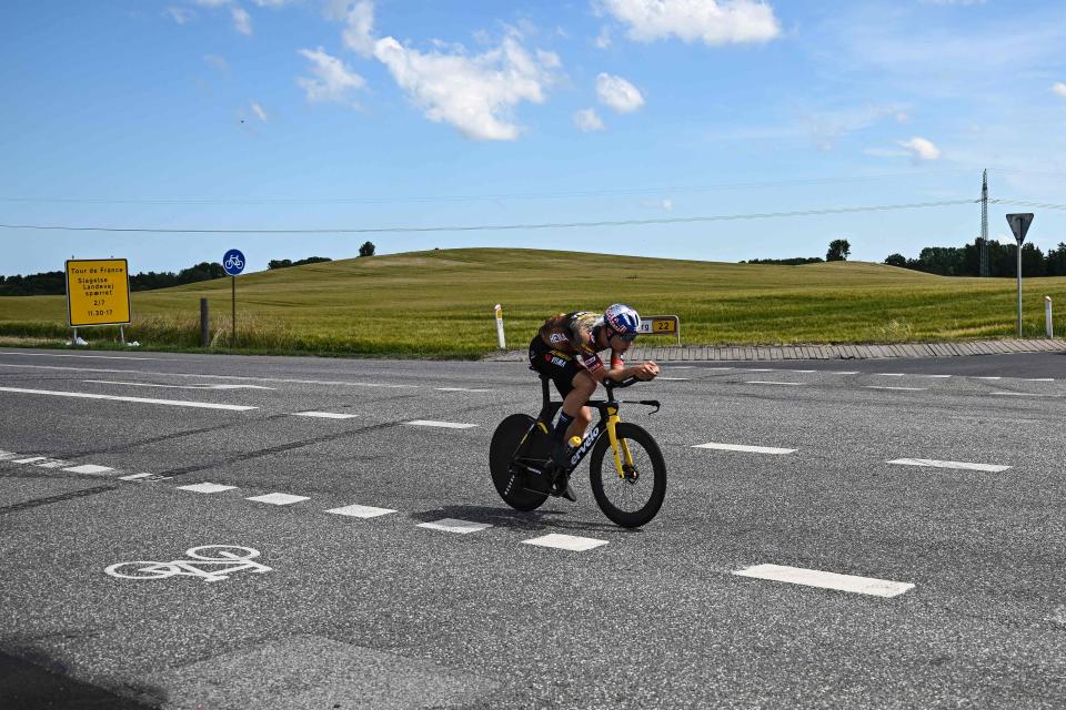 Jumbo-Visma team's  Belgian rider Wout Van Aert cycles during a training session (AFP via Getty Images)