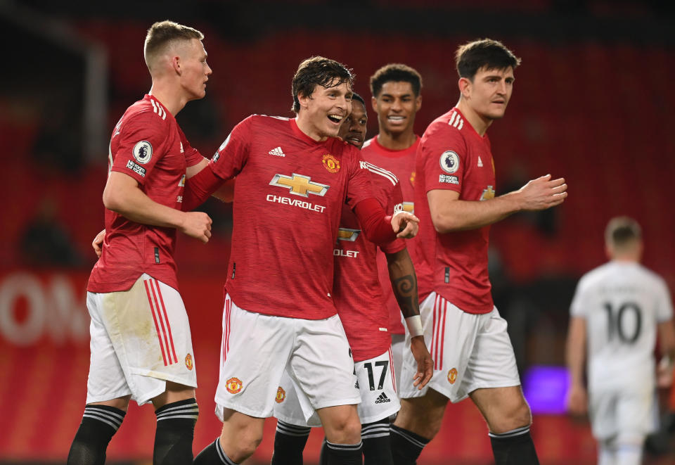 Manchester United's Victor Lindelof (second from left) celebrates scoring their fourth goal against Leeds.