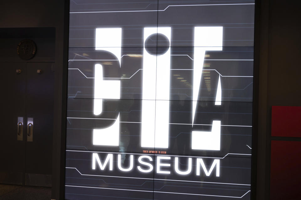 The entrance sign to the Central Intelligence Agency's refurbished museum in the headquarters building in Langley, Va., on Saturday, Sept. 24, 2022. (AP Photo/Kevin Wolf)