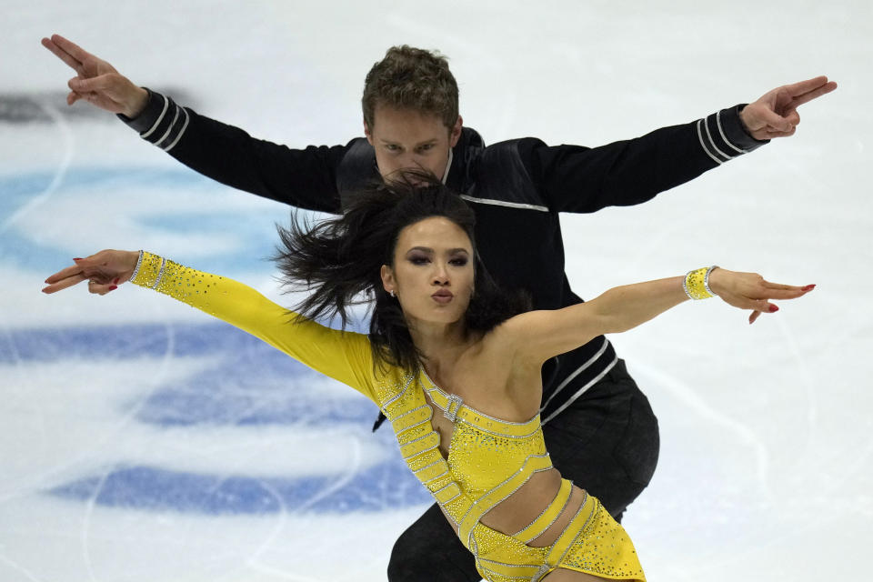 United State's Madison Chock and Evan Bates practice ahead of the ISU Grand Prix of Figure Skating in Beijing, Wednesday, Dec. 6, 2023. (AP Photo/Ng Han Guan)