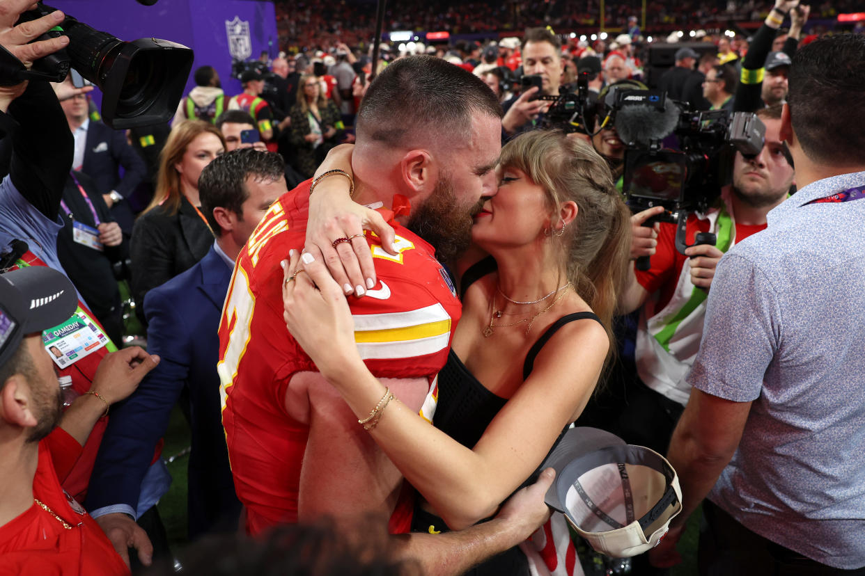 Travis Kelce and Taylor Swift embrace after the Kansas City Chiefs won Sunday's Super Bowl for the second year in a row.