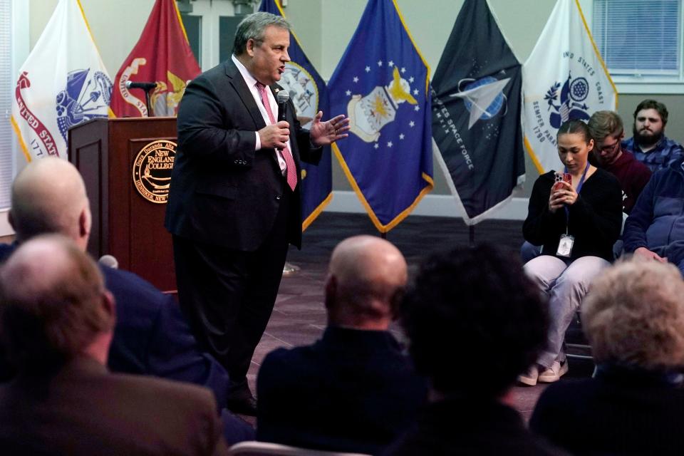 Former New Jersey Gov. Chris Christie addresses a gathering during a town hall style meeting at New England College, Thursday, April 20, 2023, in Henniker, N.H.