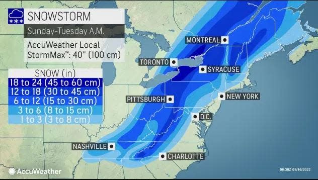 Estimated snow totals for the storm for Jan. 16 to Jan. 18, 2022.