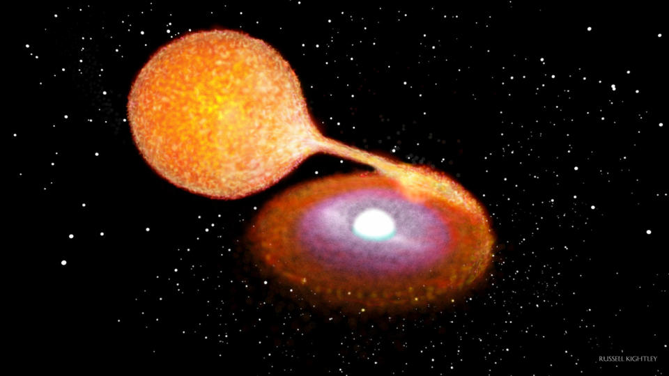 A binary star system before a supernova occurs - one star siphons material from its companion. <cite>Russell Kightley</cite>