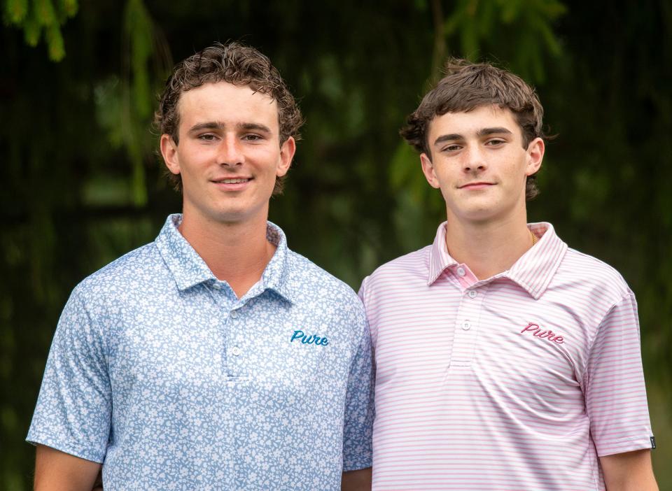 Brothers Ian Fowler, left, and Will Fowler, a Maynard High School senior, recently started a company called Pure Golf Apparel.