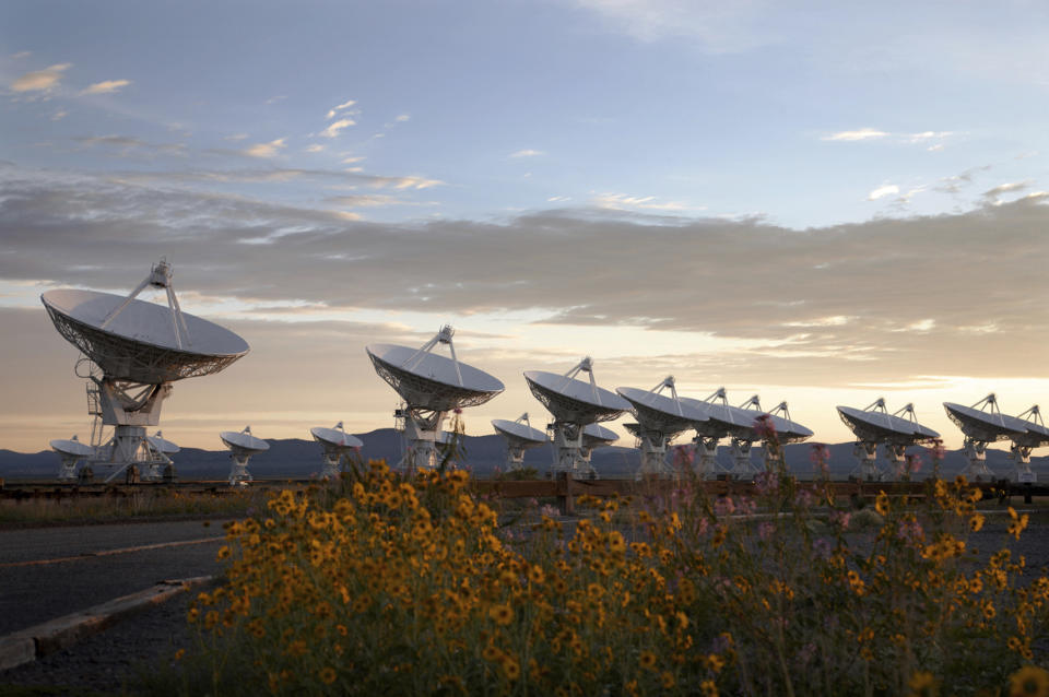 This undated photo provided by researchers in June 2023 shows the Very Large Array radio telescope in New Mexico. This and several other telescopes around the world were used to observe the slow gravitational waves — faint ripples made by massive black holes — that are constantly stretching and squeezing everything in the universe ever so slightly, described in a report released on Wednesday, June 28, 2023. (NRAO/AUI/NSF via AP)