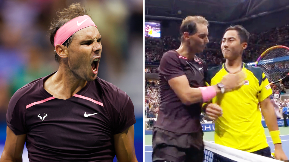 Rafa Nadal (pictured right) embracing Rinky Hajikia at the net and (pictured left) Nadal roaring after his US Open win.