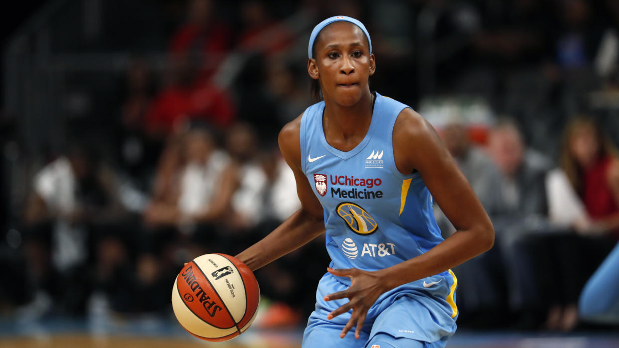 Chicago Sky center Astou Ndour (45) dribbles in the second half of a WNBA basketball game against the Atlanta Dream Tuesday, Aug. 20, 2019, in Atlanta. (AP Photo/John Bazemore)