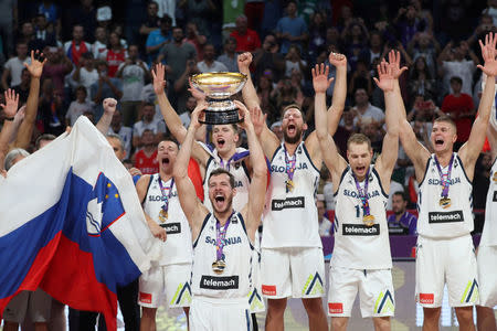 Basketball - Slovenia v Serbia - European Championships EuroBasket 2017 Final - Istanbul, Turkey - September 17, 2017 - Players of Slovenia celebrate their victory. REUTERS/Osman Orsal