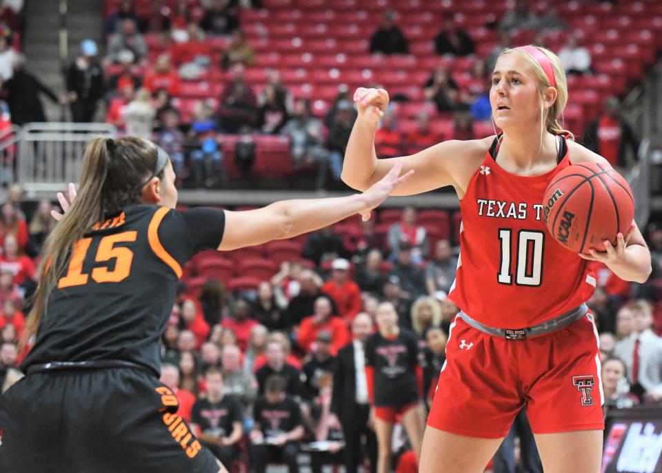 Texas Tech's Bryn Gerlich directs the offense against Oklahoma State in a Big 12 women's basketball game Saturday, Feb. 18, 2023, at United Supermarkets Arena.