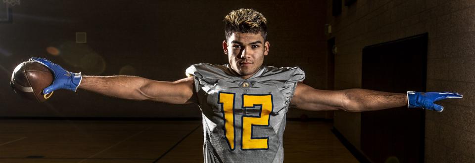 Orem High’s Puka Nacua poses during his Deseret News Mr. Football photo shoot at Orem High on Thursday, Dec. 6, 2018. | Steve Griffin, Deseret News