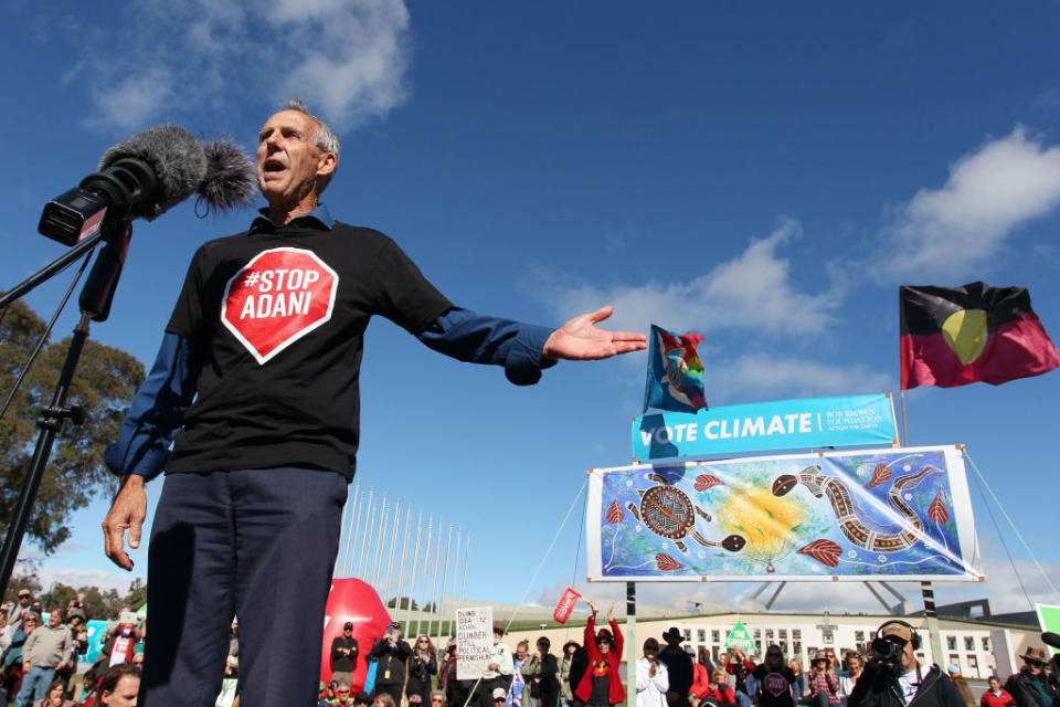 Bob Brown speaks during a stop-Adani rally outside Parliament House on May 05, 2019 in Canberra, Australia. Source: Getty