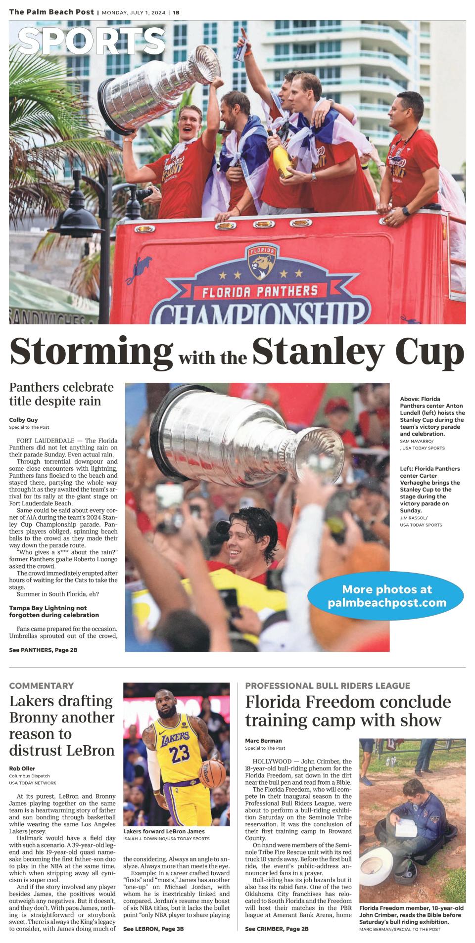 Palm Beach Post sports front, Monday, July 1, 2024