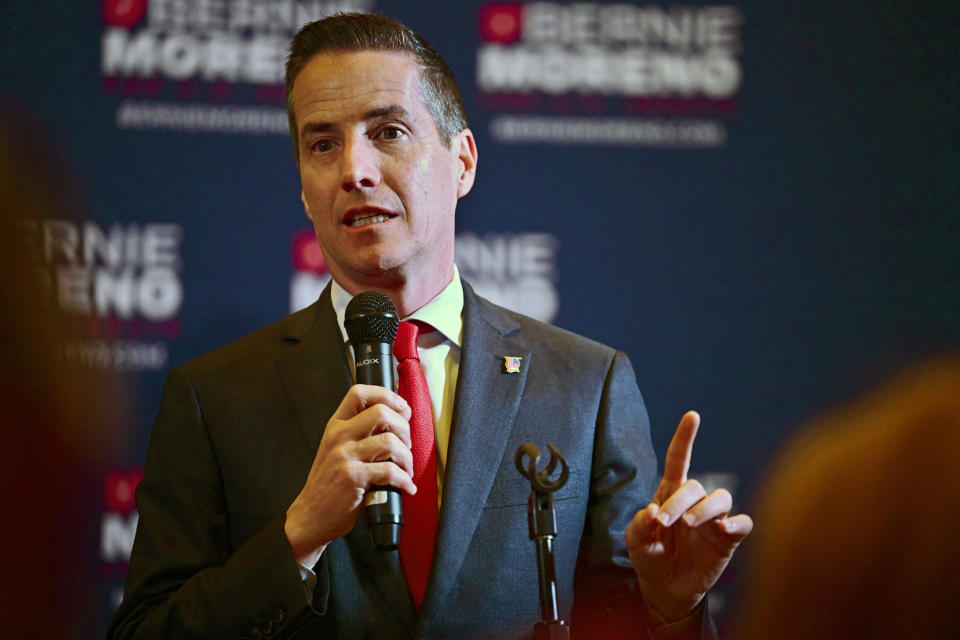 Cleveland businessman Bernie Moreno, a Republican candidate for U.S. Senate, speaks to supporters during his primary election night watch party in Westlake, Ohio, Tuesday, March 19, 2024. (AP Photo/David Dermer)