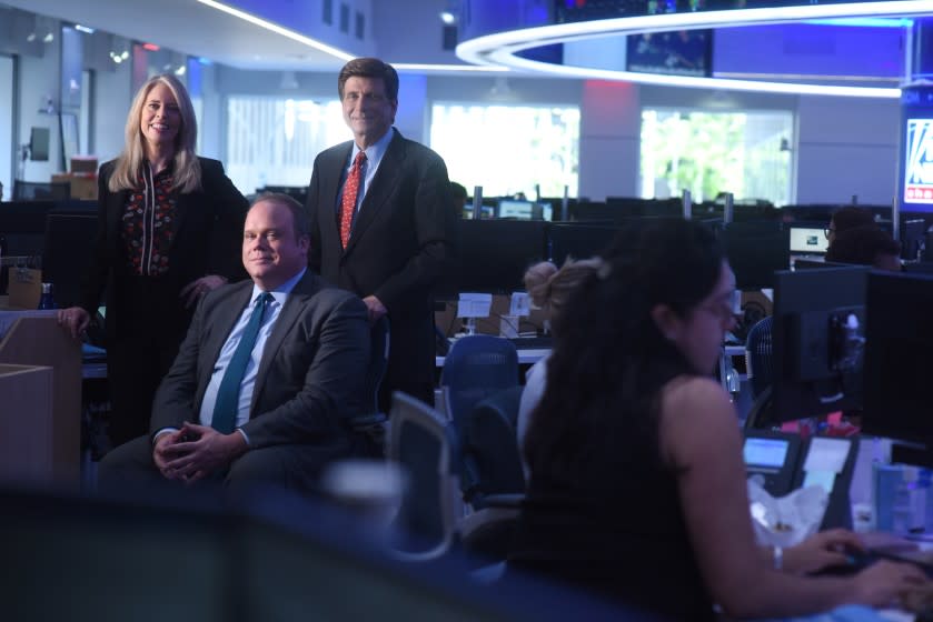 Chris Stirewalt, Fox News Digital Politics Editor, seated, with polling chief Dana Blanton and analyst Arnon Mishkin.