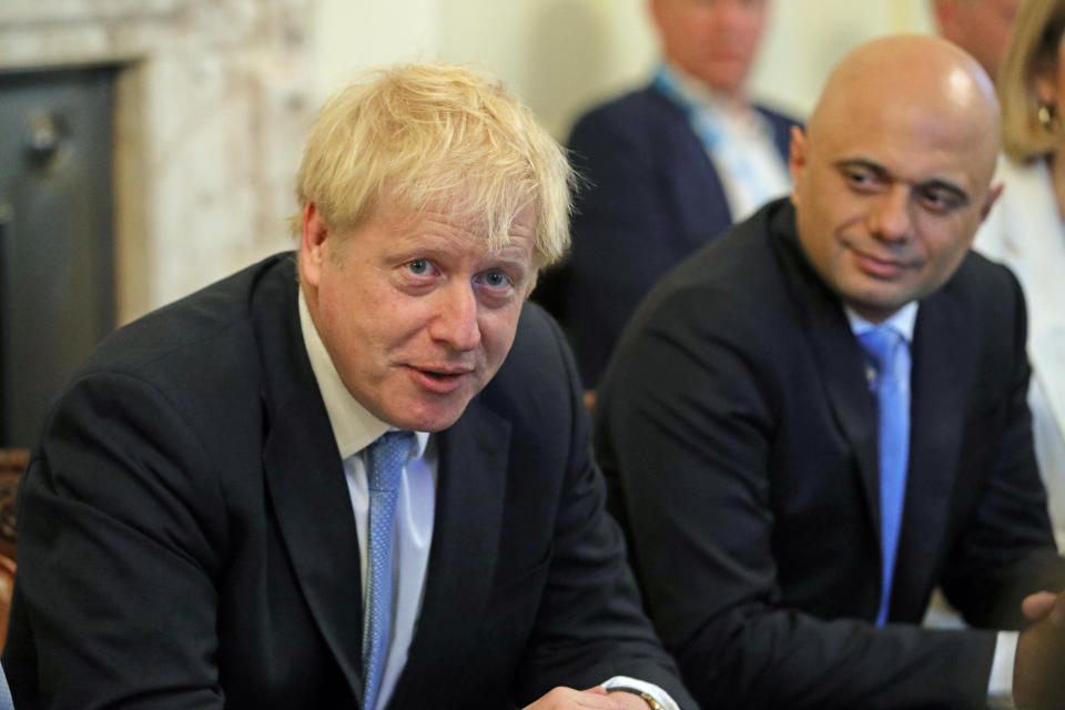 Britain's Prime Minister Boris Johnson and Chancellor of the Exchequer Sajid Javid attend the first Cabinet meeting at Downing Street in London, Britain July 25, 2019. Aaron Chown/Pool via REUTERS