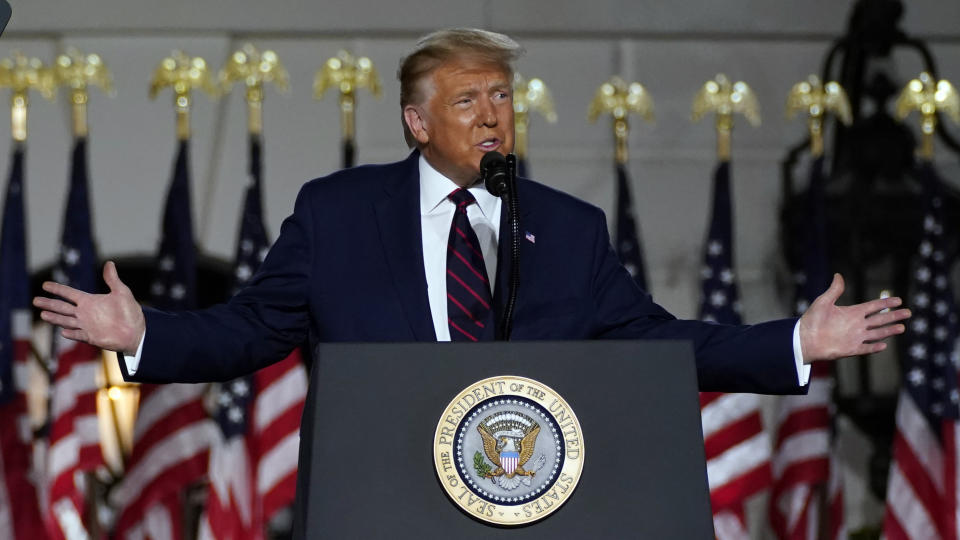 President Donald Trump speaks from the South Lawn of the White House on the fourth day of the Republican National Convention, Thursday, Aug. 27, 2020, in Washington. (AP Photo/Evan Vucci)