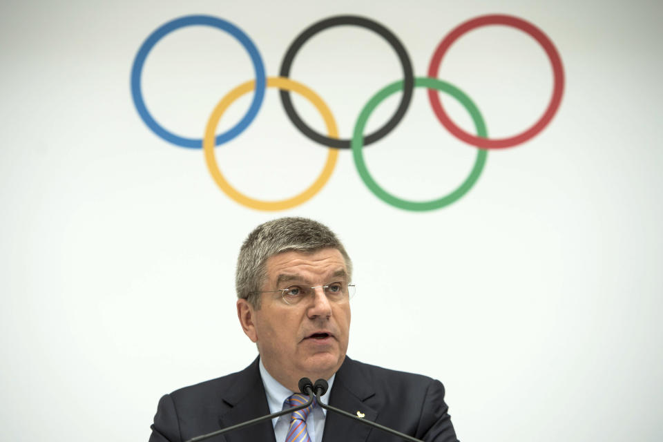 IOC President Thomas Bach of Germany speaks during the announcement of the 2022 Olympic Winter Games host candidates. (AP)
