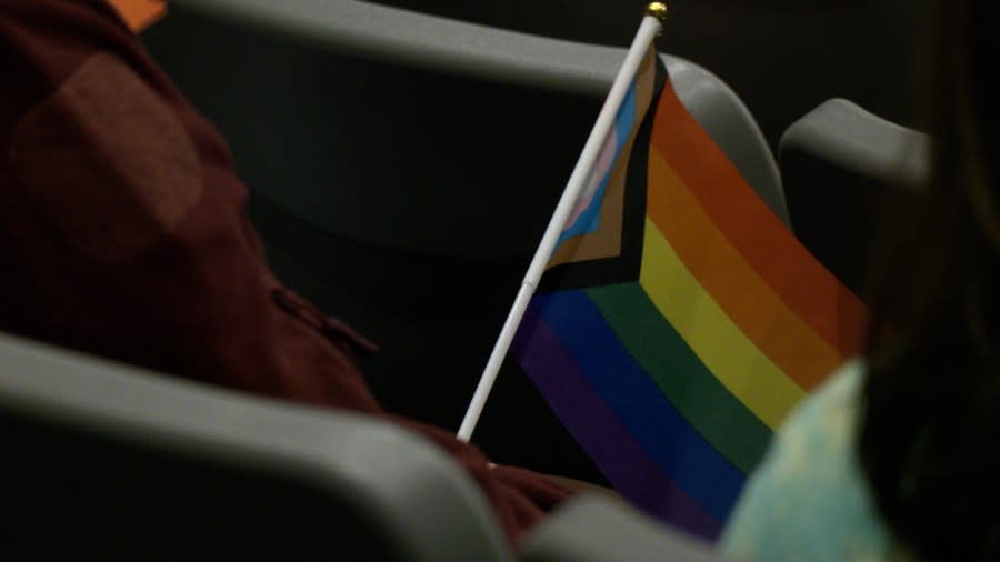 An audience member at Monday’s DeWitt Public School Board meeting holds a pride flag. (WLNS)