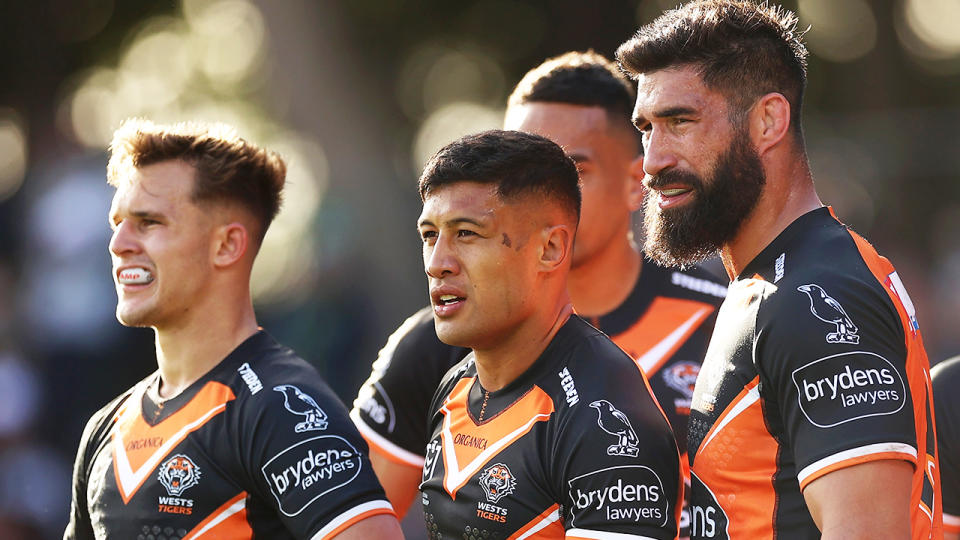 James Tamou and Wests Tigers players, pictured here during their loss to Canberra.