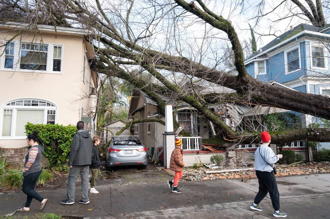 A house and the apartment building next door are crushed by a fallen tree on I Street in midtown on Sunday.