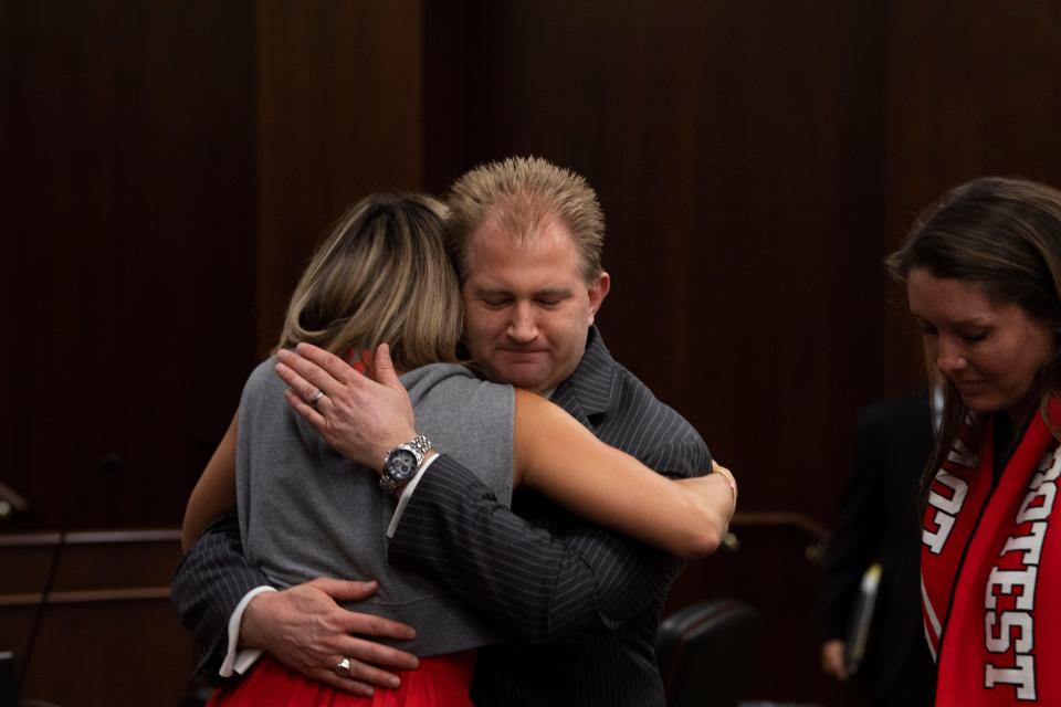 Mary Joyce, a Covenant parent hugs Rep. William Lamberth R-Portland, following a House committee meeting where an autopsy records bill was discussed and voted on at Cordell Hull State Office Building in Nashville , Tenn., Wednesday, Aug. 23, 2023.
