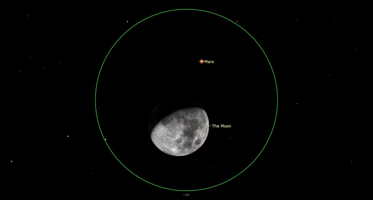  An illustration of the night sky on Jan. 30 depicting Mars approaching the dark limb of the moon. 