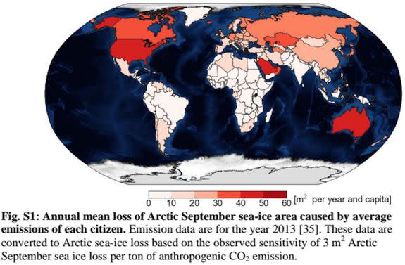 Map showing countries whose citizens are destroying the most Arctic sea ice.