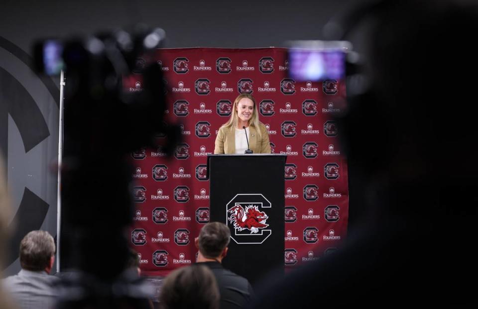Ashley Chastain, South Carolina’s new softball head coach, speaks during a press conference at the Cockaboose Club in Columbia on Wednesday, June 12, 2024.