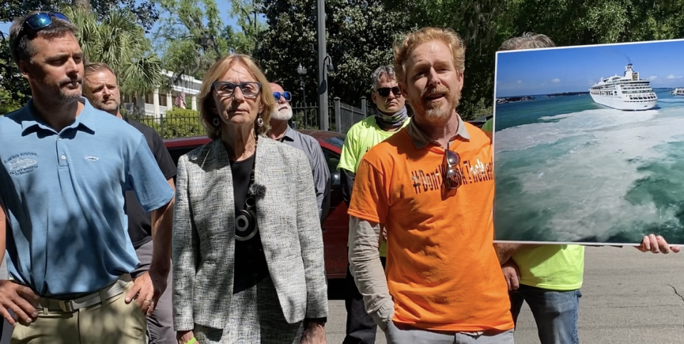 The supporters of a Key West ordinance that imposes new limits on large cruise ships at the city’s port gathered outside the Governor’s Mansion in Tallahassee Wednesday, April 14, 2021, to urge Gov. Ron DeSantis to reject legislation that would undermine their law. From left, Will Benson, fishing guide, Key West Mayor Teri Johnston, organizer and Key West resident Arlo Haskell.