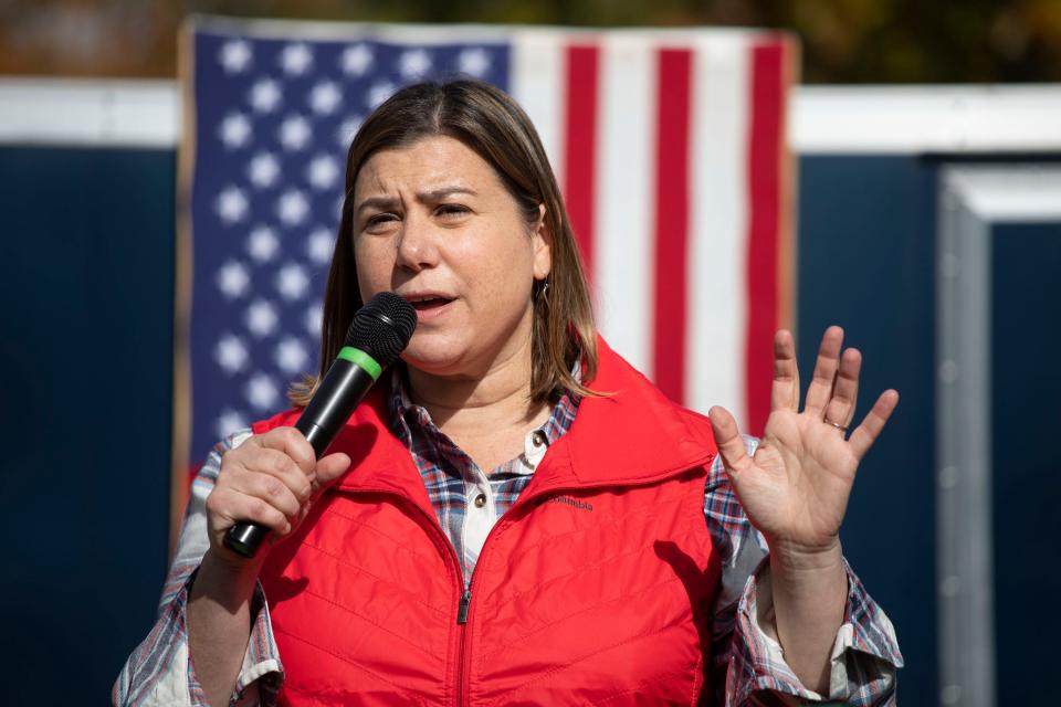 U.S. Rep. Elissa Slotkin speaks at a campaign rally she held on Oct. 16, 2022, in East Lansing.