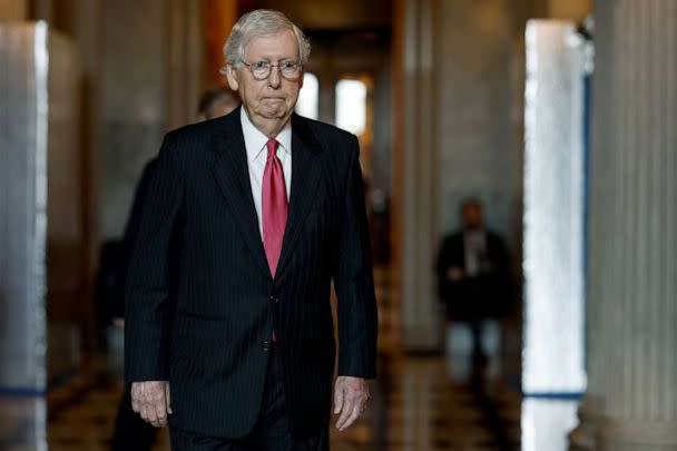 PHOTO: Senate Minority Leader Mitch McConnell walks to the Senate Republican Luncheon in the U.S. Capitol Building, Aug. 2, 2022, in Washington, D.C. (Anna Moneymaker/Getty Images)