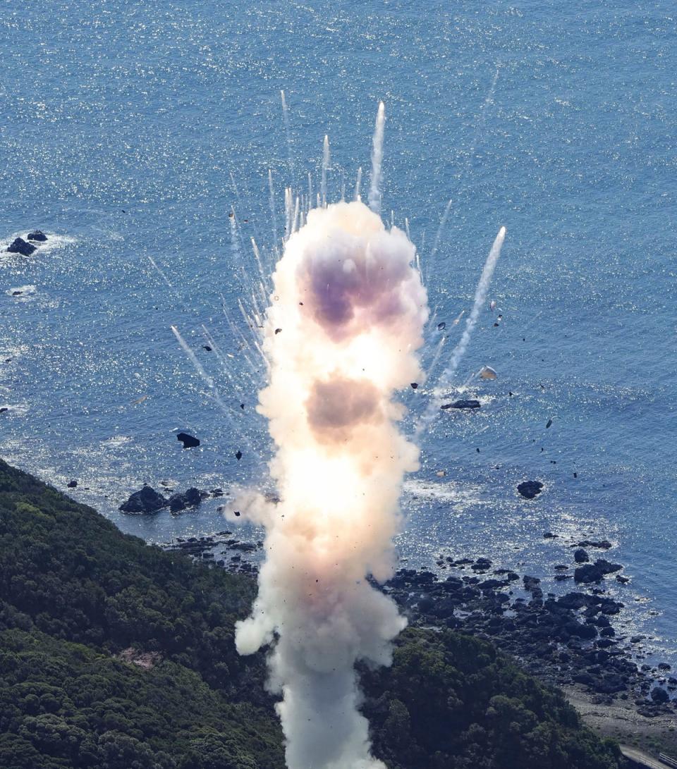 Space One’s Kairos rocket explodes after liftoff from a launch pad in Kushimoto, Wakayama prefecture, western Japan, Wednesday, March 13, 2024. (Kyodo News via AP)