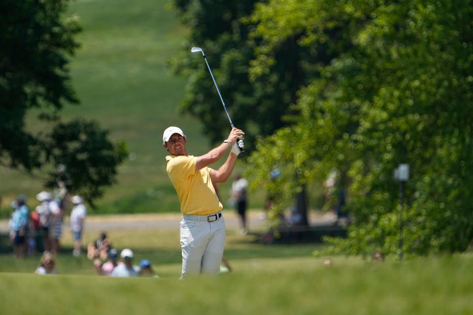 June 4, 2023; Dublin, Ohio, USA;  Rory McIlroy hits from the first fairway during the final round of the Memorial Tournament at Muirfield Village Golf Club. 