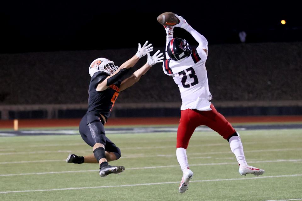 Wichita Falls High's Ayden Ramirez intercepts the ball in front of Burkburnett's Rylan Stringfellow on Friday, Sept. 17, 2021, in Iowa Park.