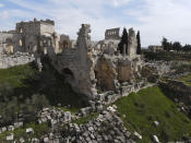 A general view of the Church of Saint Simeon, 30 kilometers (19 miles) northwest of Aleppo, Syra, is seen Wednesday, March 8, 2023. The Byzantine-era church suffered destruction during the war and was further damaged in the February 2023 earthquake, which hit Turkey and Syria. (AP Photo/Omar Albam)