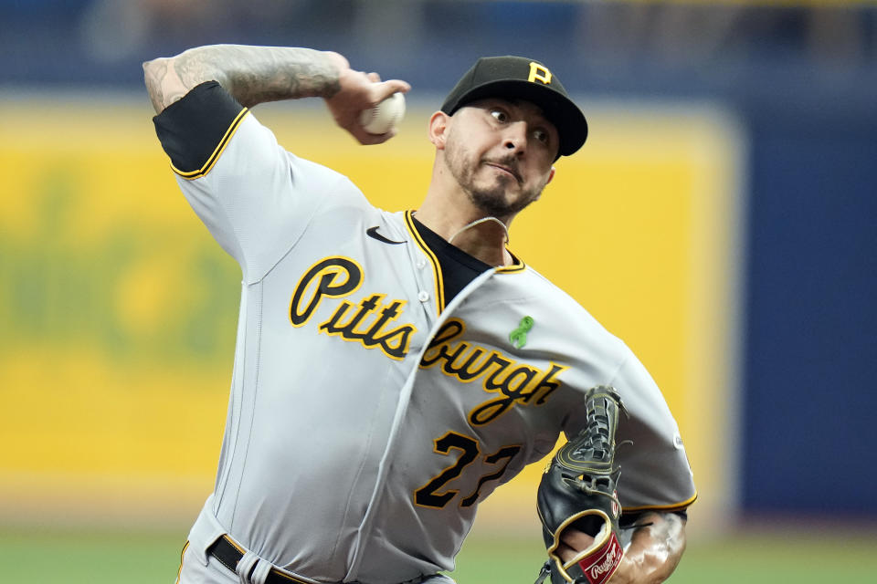 Pittsburgh Pirates starting pitcher Vince Velasquez delivers to the Tampa Bay Rays during the first inning of a baseball game Thursday, May 4, 2023, in St. Petersburg, Fla. (AP Photo/Chris O'Meara)