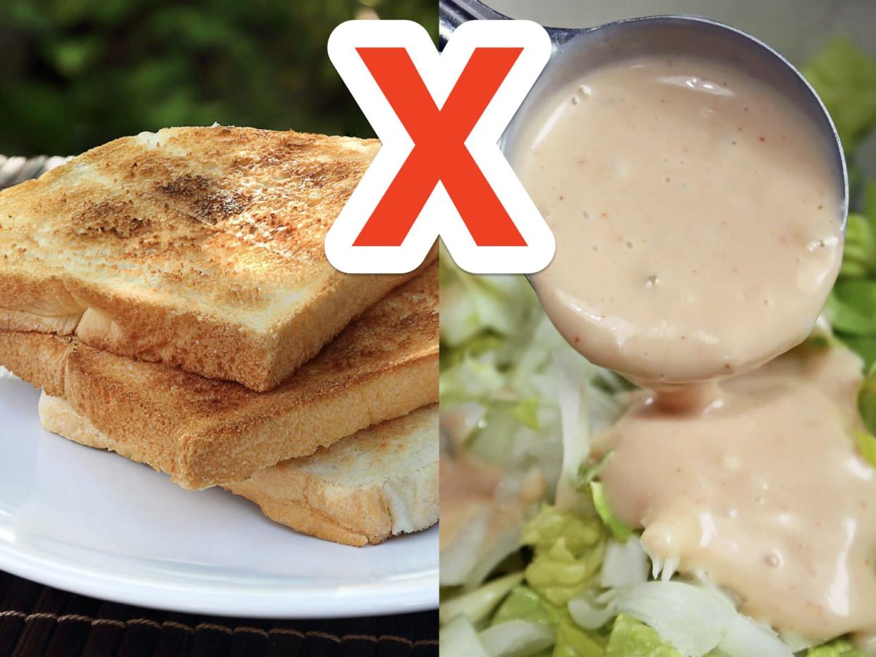 side by side picture of white toast and a salad with dressing with a big red x in the middle