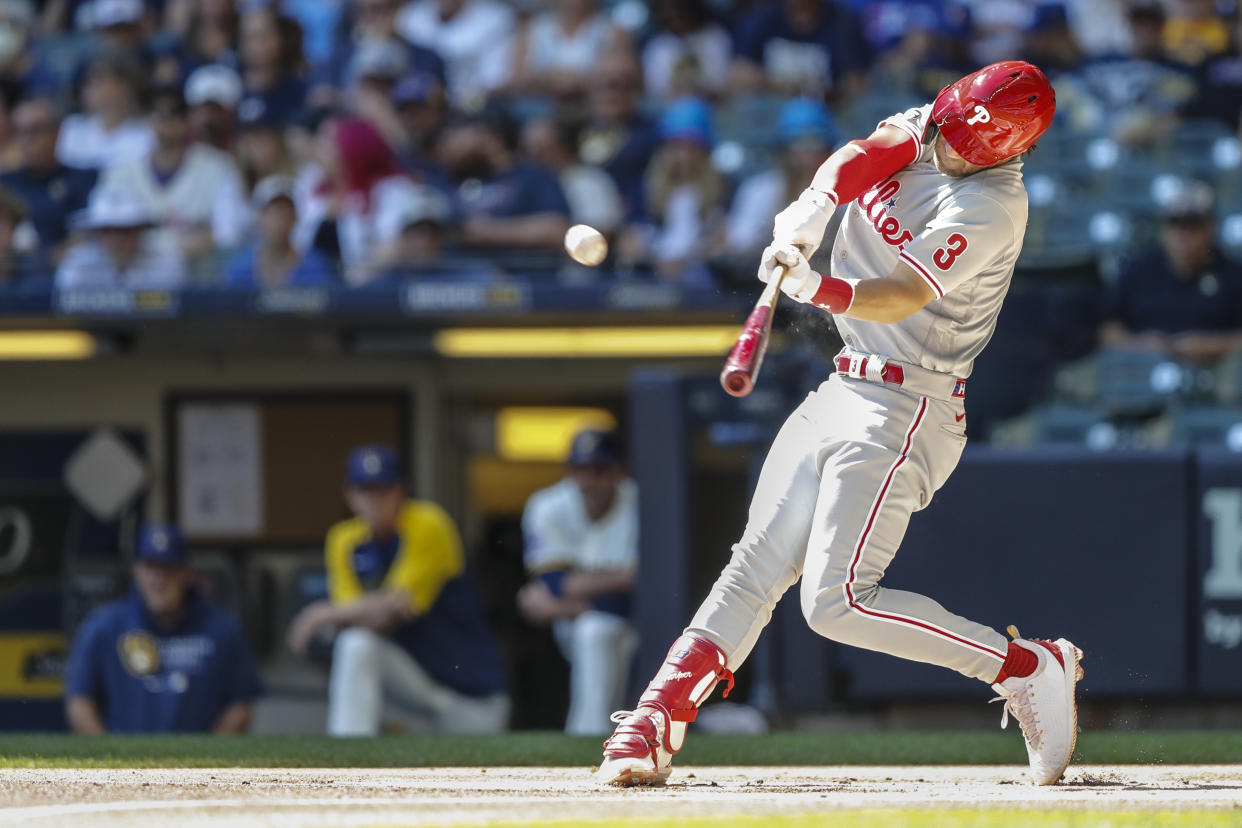 Philadelphia Phillies outfielder Bryce Harper (3) hits a two-run homer in the top of the first inning against the Brewers on Monday. (Photo by Lawrence Iles/Icon Sportswire via Getty Images)