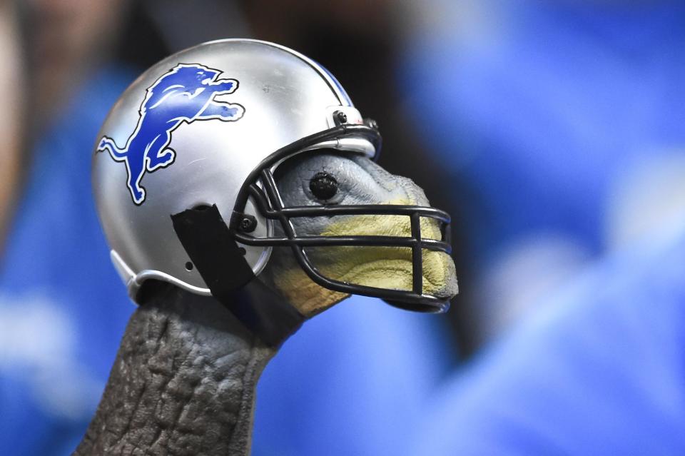 Nov 26, 2015; Detroit, MI, USA; A turkey wears a Detroit Lions helmet during the NFL game on Thanksgiving against the Philadelphia Eagles at Ford Field. Detroit won 45-14. Mandatory Credit: Tim Fuller-USA TODAY Sports