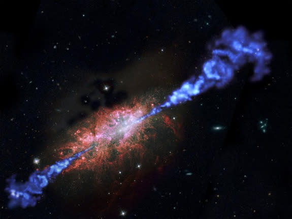Artist's impression of a distant active galaxy firing off jets of powerful radiation.