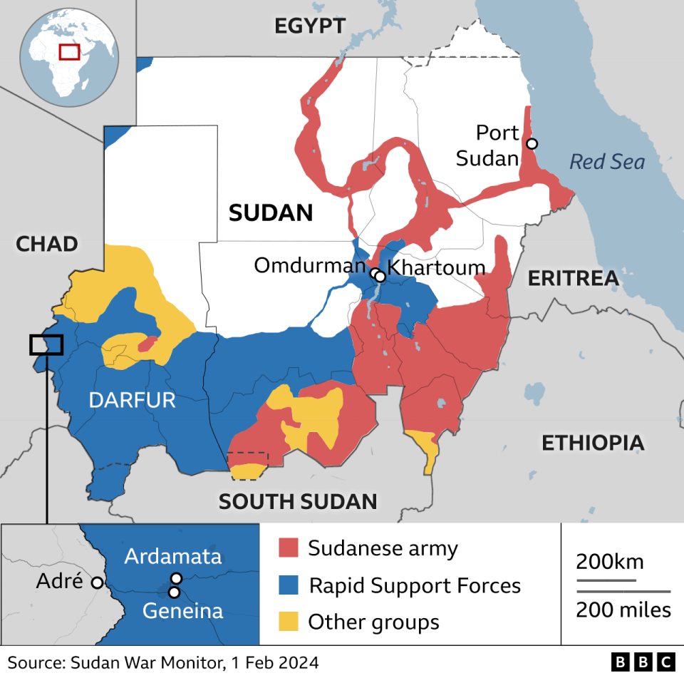 Map showing locations of Khartoum, Omdurman, Port Sudan and Ardamata and Geneina in Darfur, as well as areas of control of Sudan army and RSF.