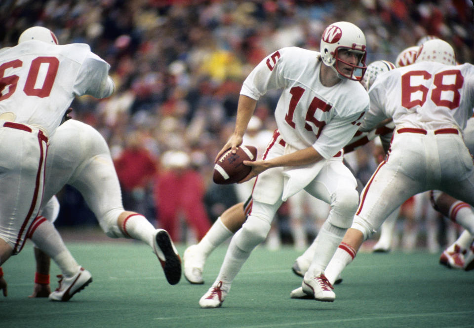 Oct 18, 1975; Columbus, OH, USA; FILE PHOTO; Wisconsin Badgers quarterback Mike Carroll (15) in action against the Ohio State Buckeyes at Ohio Stadium. Mandatory Credit: Malcolm Emmons-USA TODAY Sports