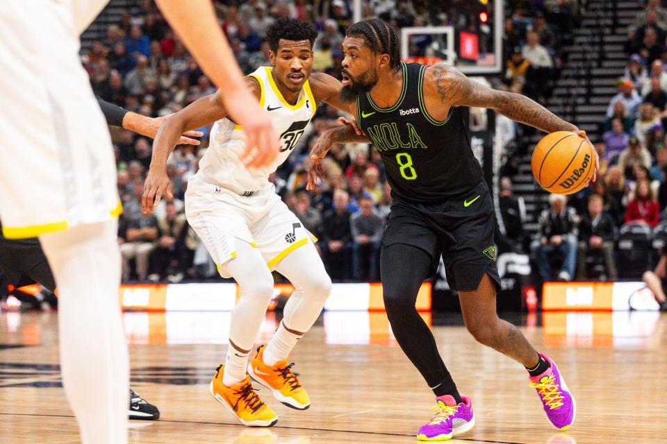 Utah Jazz guard Ochai Agbaji defends New Orleans Pelicans forward Naji Marshall during a game at the Delta Center in Salt Lake City on Saturday, Nov. 25, 2023. | Megan Nielsen, Deseret News