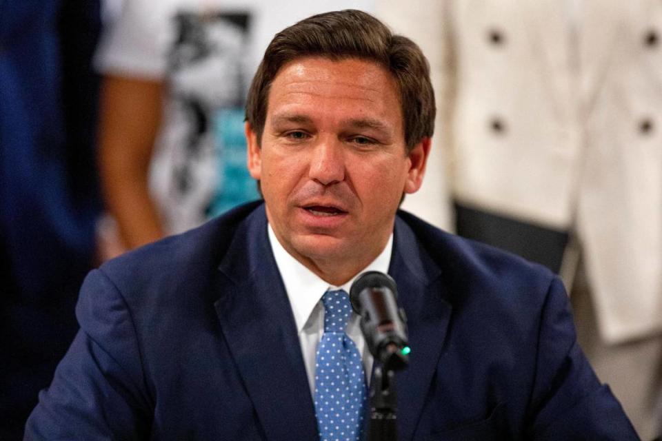 Gov. Ron DeSantis addresses the media during a roundtable discussion at the American Museum of the Cuban Diaspora in Miami on Tuesday, July 13, 2021.