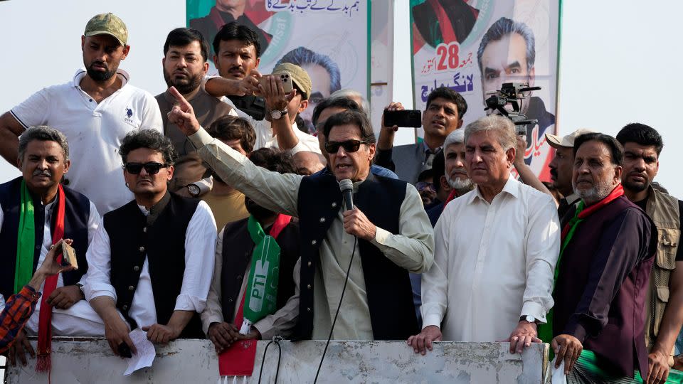 Pakistan's former Prime Minister Imran Khan addresses supporters at a rally in Lahore on 29 October 2022. He is now in prison - K.M. Chaudary/AP/File