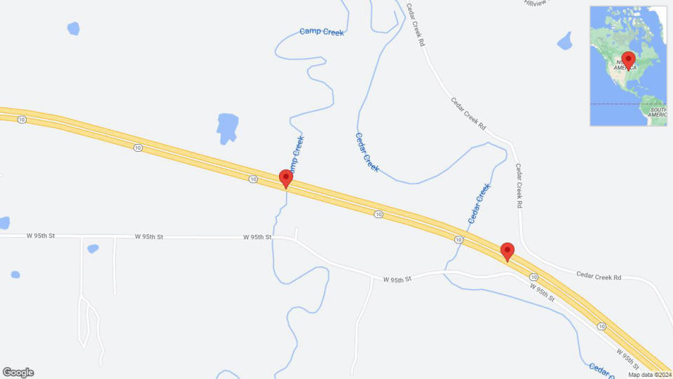 A detailed map that shows the affected road due to 'Lane on K-10 closed in De Soto' on July 5th at 12:56 a.m.